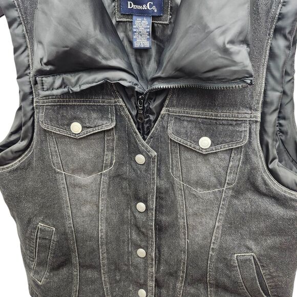Denim and Co Black Denim Puffer Vest Womens Large Down Feather Fill Snap Zipper - Picture 6 of 12